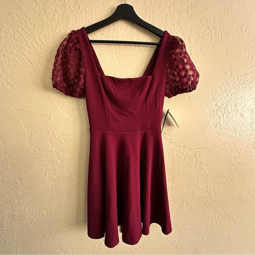 City Triangles Fit & Flare Deep Ruby Dress With Lace Puff-Sleeve, NWT, Size: 3